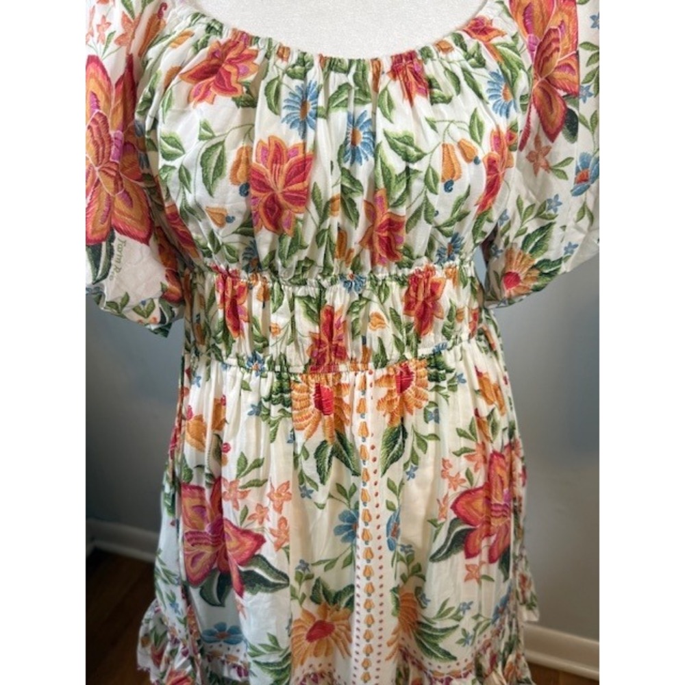 Farm Rio Bloom Garden Mini Dress S Off-White Floral Smocked Puff Sleeve NWT - Picture 4 of 11